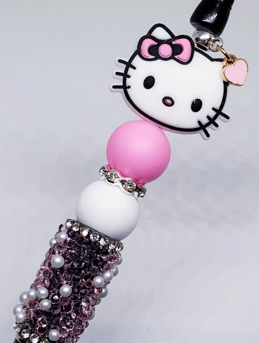 Handmade Pink White Hello Kitty Rhinestone Beaded Silicone Focal Bead Pen